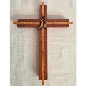 Vintage Wooden Two-toned Crucifix w/Praying Hands 8" Tall 6" Wide Religious
